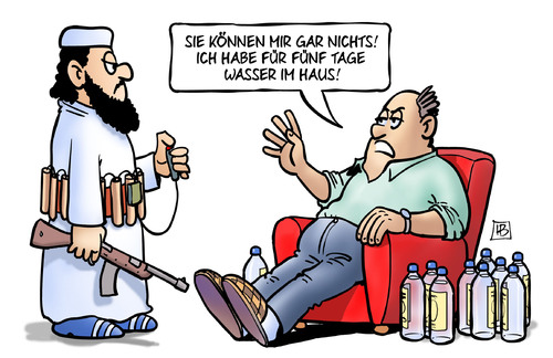 Cartoon: Zivilschutzkonzept (medium) by Harm Bengen tagged zivilschutzkonzept,vorrat,wasser,lebensmittel,katastrophen,notfall,islamist,terror,harm,bengen,cartoon,karikatur,zivilschutzkonzept,vorrat,wasser,lebensmittel,katastrophen,notfall,islamist,terror,harm,bengen,cartoon,karikatur