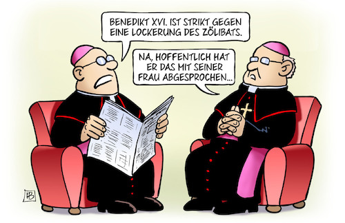 Cartoon: Zölibat (medium) by Harm Bengen tagged benedikt,xvi,lockerung,zölibat,ratzinger,papst,frau,hochzeit,ehe,katholische,kirche,priester,harm,bengen,cartoon,karikatur,benedikt,xvi,lockerung,zölibat,ratzinger,papst,frau,hochzeit,ehe,katholische,kirche,priester,harm,bengen,cartoon,karikatur