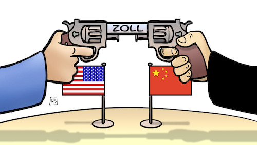 Cartoon: Zoll-Krieg (medium) by Harm Bengen tagged zoll,handelskrieg,usa,china,strafzoelle,revolver,pistole,harm,bengen,cartoon,karikatur,zoll,handelskrieg,usa,china,strafzoelle,revolver,pistole,harm,bengen,cartoon,karikatur