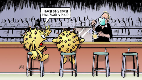 Cartoon: Zwei G-Plus (medium) by Harm Bengen tagged zwei,2g,plus,kneipe,wirt,bestellung,virus,trinken,gastronomie,viren,corona,harm,bengen,cartoon,karikatur,zwei,2g,plus,kneipe,wirt,bestellung,virus,trinken,gastronomie,viren,corona,harm,bengen,cartoon,karikatur