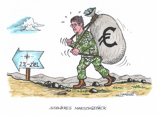 Cartoon: AKK mit schwerem Marschgepäck (medium) by mandzel tagged akk,nato,aufrüstung,verteidigungsbeiträge,deutschland,akk,nato,aufrüstung,verteidigungsbeiträge,deutschland