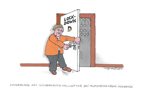 Cartoon: Bedingte Lockerung (medium) by mandzel tagged corona,pandemie,panik,chaos,hysterie,pleiten,wirtschaft,finanzen,angst,mandzel,karikatur,belastung,merkel,lockerung,corona,pandemie,panik,chaos,hysterie,pleiten,wirtschaft,finanzen,angst,mandzel,karikatur,belastung,merkel,lockerung