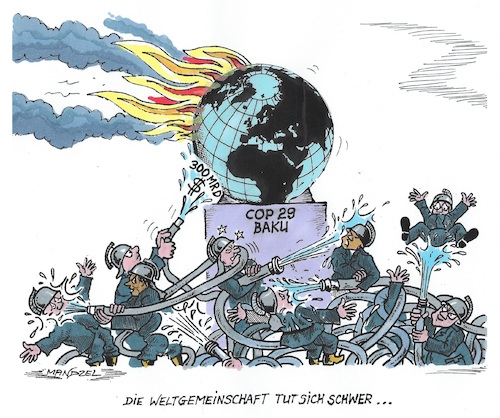 Cartoon: Bekämpfung der Klimakatastrophe (medium) by mandzel tagged baku,weltgemeinschaft,klimakatastrophe,uneinigkeit,co2,erderwärmung,baku,weltgemeinschaft,klimakatastrophe,uneinigkeit,co2,erderwärmung