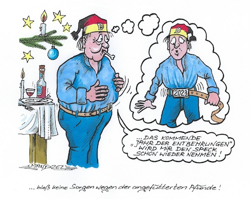 Cartoon: Das magere Jahr steht vor der Tü (medium) by mandzel tagged zeitenwende,entbehrungen,armut,inflation,kriegsinvestitionen,energiekosten,zeitenwende,entbehrungen,armut,inflation,kriegsinvestitionen,energiekosten