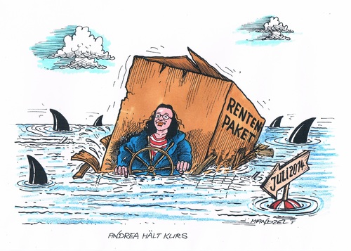 Cartoon: Die Rentenreform ist auf dem Weg (medium) by mandzel tagged nahles,paket,kurs,haie,rentenreform,nahles,rentenreform,haie,kurs,paket