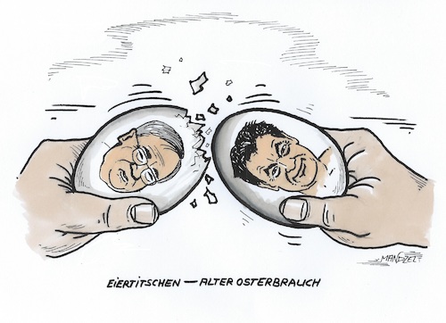 Cartoon: Eiertitschen (medium) by mandzel tagged union,cdu,csu,wahlen,stimmenverluste,vertrauensschwund,konzeptlosigkeit,laschet,söder,union,cdu,csu,wahlen,stimmenverluste,vertrauensschwund,konzeptlosigkeit,laschet,söder