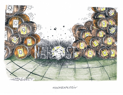 Cartoon: Explosionsgefahr in Nahost (medium) by mandzel tagged nahost,pulverfässer,hochexplosive,lage,nahost,pulverfässer,hochexplosive,lage