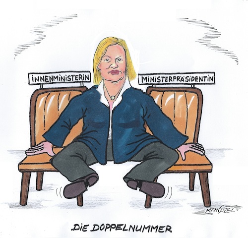 Cartoon: Faeser in der Doppelrolle (medium) by mandzel tagged faeser,kandidatin,hessen,innenministerin,politik,wahlen,spd,faeser,kandidatin,hessen,innenministerin,politik,wahlen,spd