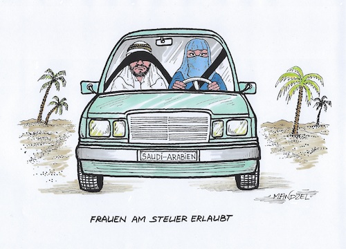 Cartoon: Frauen am Steuer in Arabien (medium) by mandzel tagged saudi,arabien,frauen,am,steuer,gleichberechtigung,fortschritt,saudi,arabien,frauen,am,steuer,gleichberechtigung,fortschritt