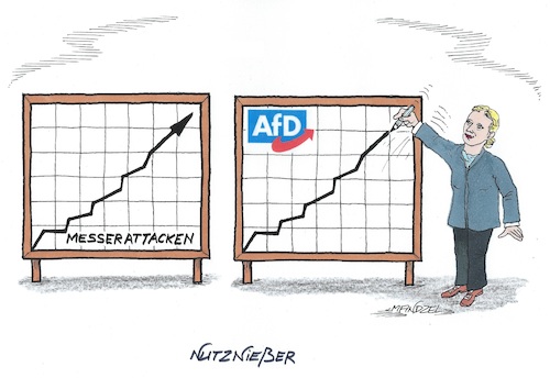 Cartoon: Höchststände (medium) by mandzel tagged deutschland,asyl,messerangriffe,afd,stimmenzunahme,politik,immigration,deutschland,asyl,messerangriffe,afd,stimmenzunahme,politik,immigration