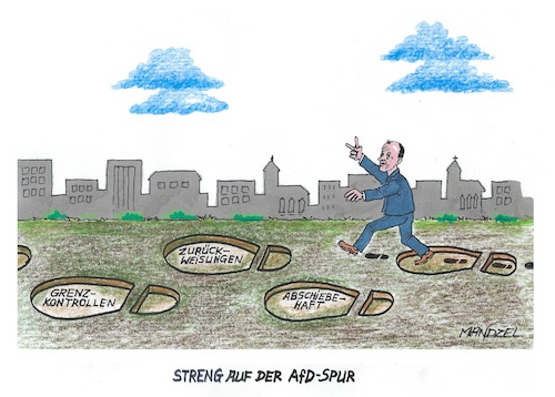 Cartoon: Merz bleibt auf der Spur (medium) by mandzel tagged merz,wahlen,afd,migration,deutschland,brandmauer,merz,wahlen,afd,migration,deutschland,brandmauer