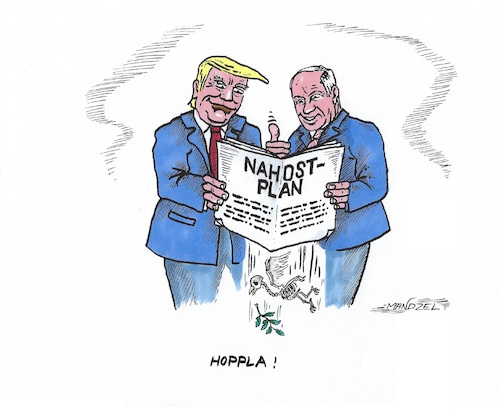 Cartoon: Nahost-Friedensplan (medium) by mandzel tagged trump,netanjahu,nahost,friedensplan,palästinenser,gebietsaneignung,unterdrückung,trump,netanjahu,nahost,friedensplan,palästinenser,gebietsaneignung,unterdrückung