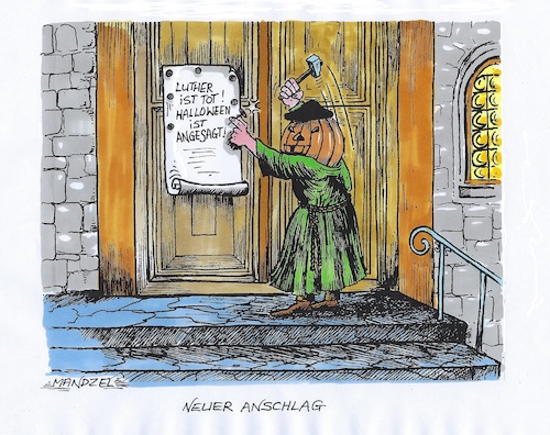 Cartoon: Neuer Anschlag (medium) by mandzel tagged luther,reformation,thesenanschlag,halloween,luther,reformation,thesenanschlag,halloween