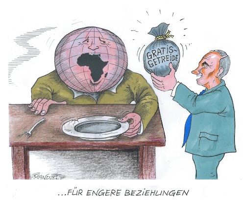 Cartoon: Putin lockt Afrika (medium) by mandzel tagged afrika,russland,putin,hunger,krieg,getreide,versprechen,afrika,russland,putin,hunger,krieg,getreide,versprechen