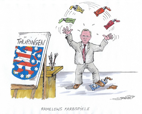 Cartoon: Regierungssuche in Thüringen (medium) by mandzel tagged thüringen,ramelow,cdu,spd,linke,grüne,afd,fdp,regierungssuche,thüringen,ramelow,cdu,spd,linke,grüne,afd,fdp,regierungssuche