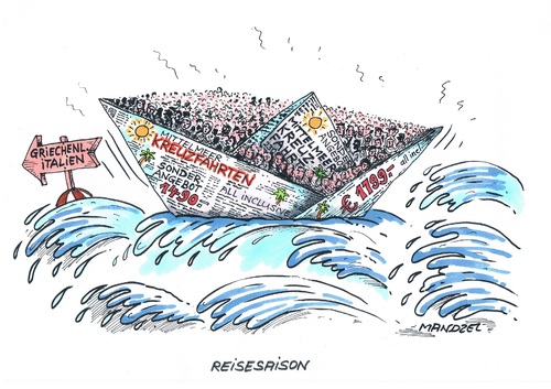 Cartoon: Reisesaison (medium) by mandzel tagged flüchtlinge,mittelmeer,griechenland,italien,eu,papierschiffchen,reisezeit,flüchtlinge,mittelmeer,griechenland,italien,eu,papierschiffchen,reisezeit