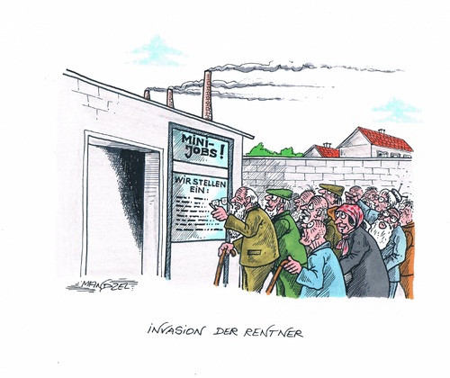 Cartoon: Rentner strömen in Minijobs (medium) by mandzel tagged rentner,minijobs,hinzuverdienst,geringe,rente,rentner,minijobs,hinzuverdienst,geringe,rente