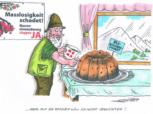 Cartoon: Rosinenpicker (medium) by mandzel tagged eu,binnenmarkt,masseneinwanderung,schweiz,bürgervotum,eu,binnenmarkt,masseneinwanderung,schweiz,bürgervotum