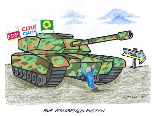 Cartoon: Scholz hält die Stellung (medium) by mandzel tagged scholz,selenskyj,krieg,waffenlieferungen,blutvergießen,ukraine,eskalation,scholz,selenskyj,krieg,waffenlieferungen,blutvergießen,ukraine,eskalation