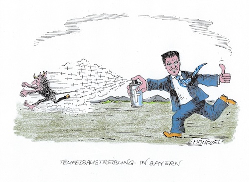 Cartoon: Söders Kreuze (medium) by mandzel tagged söder,bayern,kreuz,religion,teufelsaustreibung,wahlen,söder,bayern,kreuz,religion,teufelsaustreibung,wahlen