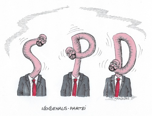 Cartoon: Ständig neue Wendungen (medium) by mandzel tagged schulz,spd,wendehals,deutschland,groko,ministerposten,rückzieher,schulz,spd,wendehals,deutschland,groko,ministerposten,rückzieher