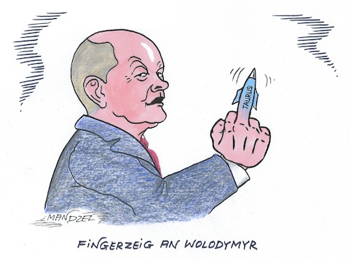 Cartoon: Stinkefinger (medium) by mandzel tagged scholz,ampel,taurus,ukraine,russland,waffenlieferungen,scholz,ampel,taurus,ukraine,russland,waffenlieferungen