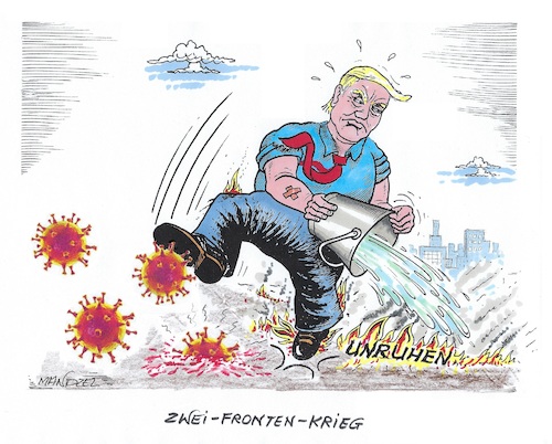 Cartoon: Trump auf Trab (medium) by mandzel tagged corona,pandemie,panik,chaos,hysterie,pleiten,trump,who,drohungen,umfragetief,wahlen,rassenunruhen,demonstrationen,corona,pandemie,panik,chaos,hysterie,pleiten,trump,who,drohungen,umfragetief,wahlen,rassenunruhen,demonstrationen