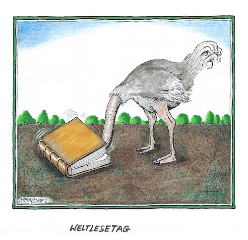 Cartoon: Weltlesetag (medium) by mandzel tagged bücher,lesen,freizeit,lernen,unterhallten,bücher,lesen,freizeit,lernen,unterhallten