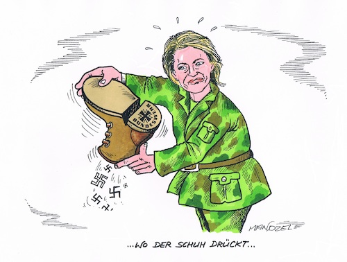 Cartoon: Wo der Schuh drückt (medium) by mandzel tagged von,der,leyen,bundeswehr,rechtsradikalismus,skandal,aufarbeitung,kritik,mandzel,kaeikatur,von,der,leyen,bundeswehr,rechtsradikalismus,skandal,aufarbeitung,kritik,mandzel,kaeikatur