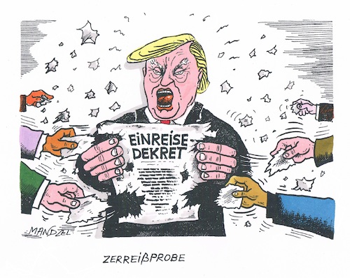 Cartoon: Zerreißprobe (medium) by mandzel tagged trump,einreisedekret,ablehnung,muslime,terror,sicherheit,usa,mandzel,karikatur,zerreißprobe,trump,einreisedekret,ablehnung,muslime,terror,sicherheit,usa,mandzel,karikatur,zerreißprobe