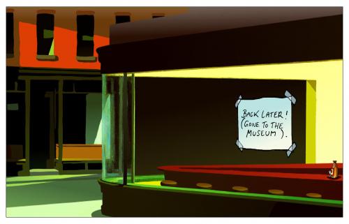 Cartoon: Gone To The Museum (medium) by Pohlenz tagged hopper,nighthawks,museum,bar,night,,hopper,nighthawks,bar,schild,museum,nacht,kneipe,nachts,party,feiern,fenster,kunst,berühmt,leer,geschlossen,leere,menschenleer,flasche,bierflasche,gemälde