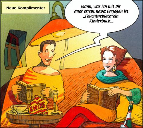 Cartoon: Neue Komplimente (medium) by Pohlenz tagged feuchtgebiete,charlotte,roche,bücher,literatur,feuchtgebiete,charlotte roche,buch,literatur,lesen,lektüre,autor,kontroverse,skandal,vulgär,beziehung,paar,mann,frau,kompliment,wild,abenteuer,kinderbuch