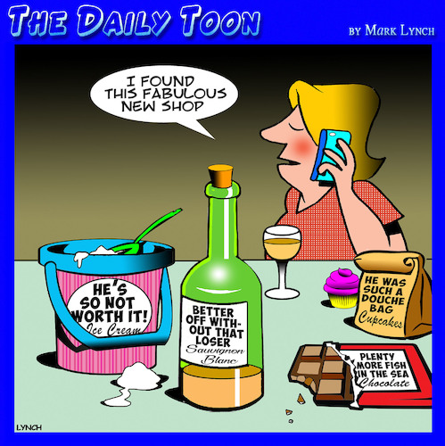 Cartoon: Comfort food (medium) by toons tagged comfort,foods,sauvignon,blanc,chocolates,ex,boyfriend,ice,cream,comfort,foods,sauvignon,blanc,chocolates,ex,boyfriend,ice,cream