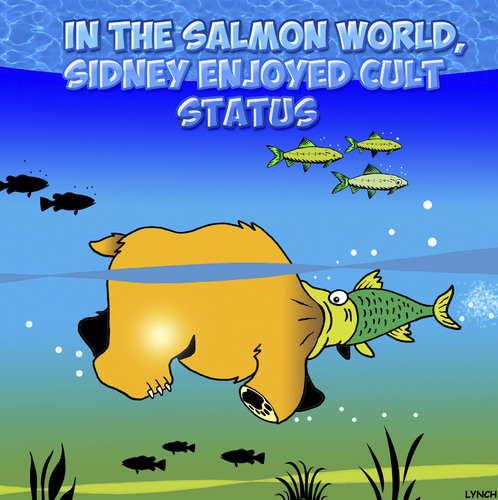 Cartoon: Cult status (medium) by toons tagged fish,bears,sporning,salmon,cult,status,hero,figurehead,salmon,sporning,bears,fish,cult,status,hero,figurehead