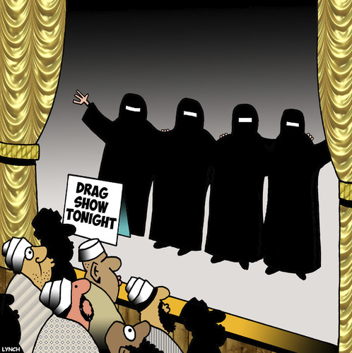 Cartoon: Drag Queen show (medium) by toons tagged drag,queens,buqua,gay,burka,homosexuality,middle,east,performers,drag,queens,buqua,gay,burka,homosexuality,middle,east,performers