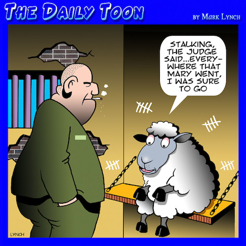 Cartoon: Mary had a little lamb (medium) by toons tagged nursery,rhymes,fairy,tales,sheep,animals,jail,prison,stalking,prisoners,nursery,rhymes,fairy,tales,sheep,animals,jail,prison,stalking,prisoners