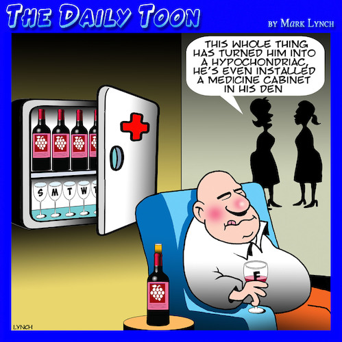 Cartoon: Medicine cabinet (medium) by toons tagged quarantine,covid,19,coronavirus,wine,drinking,man,cave,alcoholic,quarantine,covid,19,coronavirus,wine,drinking,man,cave,alcoholic