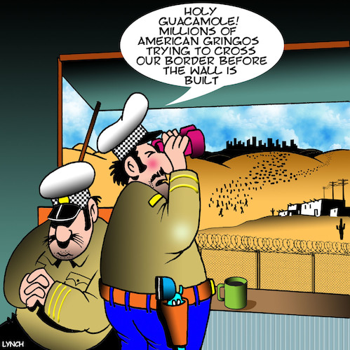 Cartoon: Mexican border (medium) by toons tagged trump,mexican,border,wall,guacamole,guards,sanctuary,escape,immigration,refugees,donald,trump,mexican,border,wall,guacamole,guards,sanctuary,escape,immigration,refugees,donald