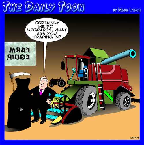 Cartoon: Reaper upgrade (medium) by toons tagged grim,reaper,farm,equipment,death,sales,upgrades,combine,harvester,grim,reaper,farm,equipment,death,sales,upgrades,combine,harvester