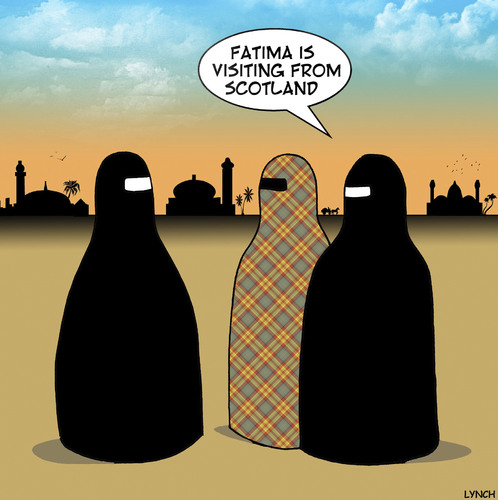 Cartoon: Visiting from Scotland (medium) by toons tagged burka,tartan,scotland,burqa,scottish,fatima,burka,tartan,scotland,burqa,scottish,fatima