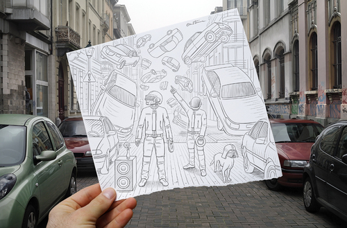 Cartoon: Pencil Vs Camera - 47 (medium) by BenHeine tagged daft,punk,pencil,camera,versus,mix,media,drawing,photography,street,brussels,belgium,french,cars,car,voiture,wagen,fly,electro,house,rhythm,helmet,casque,human,daftpunk,benheine,music,ben,heine,robot,mechanics,tron,legacy,musique,score,dog,dark,vador,darth,vader,film,science,fiction,art,theartistery