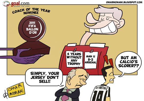 Cartoon: 2011 FIFA Ballon Dor nominees (medium) by omomani tagged arsenal,blatter,di,natale,england,fifa,ballon,dor,france,italy,premier,league,serie,switzerland,udinese,wenger