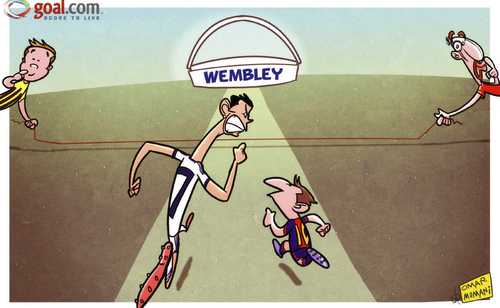 Cartoon: German giants ready to trip up (medium) by omomani tagged barcelona,bayern,munich,champions,league,cristiano,ronaldo,dortmund,gotze,messi,real,madrid,ribery,wembely