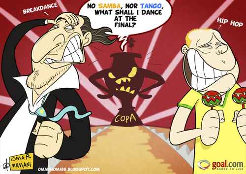 Cartoon: NO SAMBA NO TANGO (medium) by omomani tagged brazil,argentina,batista,menezes,copa,america,soccer,football,no