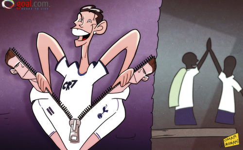 Cartoon: Ronaldo in disguise (medium) by omomani tagged cristiano,ronaldo,gareth,bale,real,madrid,tottenham