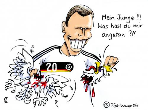 Cartoon: - (medium) by Pfohlmann tagged euro,2008,em,podolski,polen,deutschland,euro2008,em,europameisterschaft,fussball,fußball,deutschland,spieler,fußballspieler,polen,lukas,podolski,rupfen,adler,wappentier,bundesadler,töten,blut,mord,pole