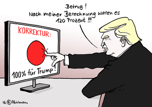 Cartoon: 120 Prozent (medium) by Pfohlmann tagged karikatur,cartoon,2016,color,farbe,usa,trump,präsident,präsidentschaftswahlen,ergebnis,wahlbetrug,auszählung,korrektur,120,prozent,100,gewinner,sieger,wahlsieger,republikaner,manipulation,karikatur,cartoon,2016,color,farbe,usa,trump,präsident,präsidentschaftswahlen,ergebnis,wahlbetrug,auszählung,korrektur,120,prozent,100,gewinner,sieger,wahlsieger,republikaner,manipulation