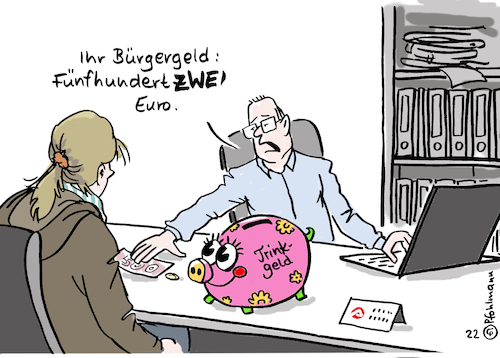 Cartoon: 502 Euro (medium) by Pfohlmann tagged bürgergeld,502,trinkgeld,euro,sozialleistung,jobcenter,inflation,preise,arm,armut,sparschwein,bürgergeld,502,trinkgeld,euro,sozialleistung,jobcenter,inflation,preise,arm,armut,sparschwein