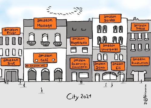 Cartoon: amazon-City 2021 (medium) by Pfohlmann tagged 2020,welt,global,deutschland,city,einzelhandel,amazon,internethandel,geschäfte,innenstadt,coronakrise,onlinehandel,stadt,stadtleben,urbanität,konsum,ausgangssperre,2020,welt,global,deutschland,city,einzelhandel,amazon,internethandel,geschäfte,innenstadt,coronakrise,onlinehandel,stadt,stadtleben,urbanität,konsum,ausgangssperre