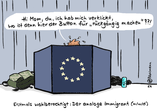 Cartoon: Analoger Immigrant (medium) by Pfohlmann tagged europawahl,europawahlen,erstwähler,jungwähler,jugendlich,mama,mutter,familie,digitalisierung,digital,analog,native,immigrant,internet,it,computer,generationen,computerhilfe,rückgängig,klicken,smartphone,button,wahlzettel,wahlkabine,europawahl,europawahlen,erstwähler,jungwähler,jugendlich,mama,mutter,familie,digitalisierung,digital,analog,native,immigrant,internet,it,computer,generationen,computerhilfe,rückgängig,klicken,smartphone,button,wahlzettel,wahlkabine